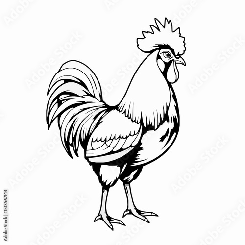 Detailed black and white illustration of a proud rooster depicted with bold outlines against a clean white background suitable for various design applications