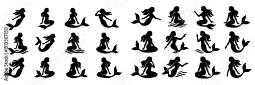 Silhouette collection of mermaids in various poses, showcasing elegance and allure in a creative design layout
