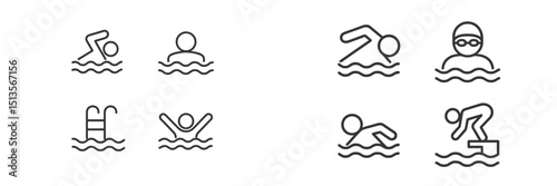 Diverse swimming activities displayed with simple line icons representing swimmers in various positions and actions at a pool