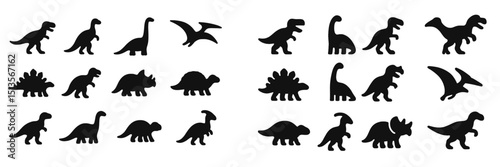 Dinosaurs of various species displayed in silhouette form arranged in a playful pattern for educational or decorative purposes