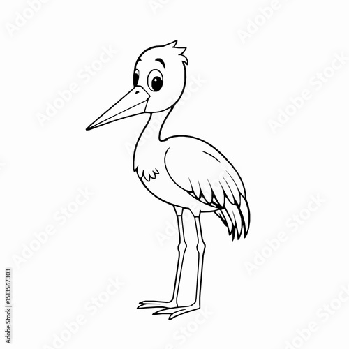 A charming cartoon illustration of a stork bird standing in a sideways pose against a plain white background suitable for children's educational resources or coloring activities