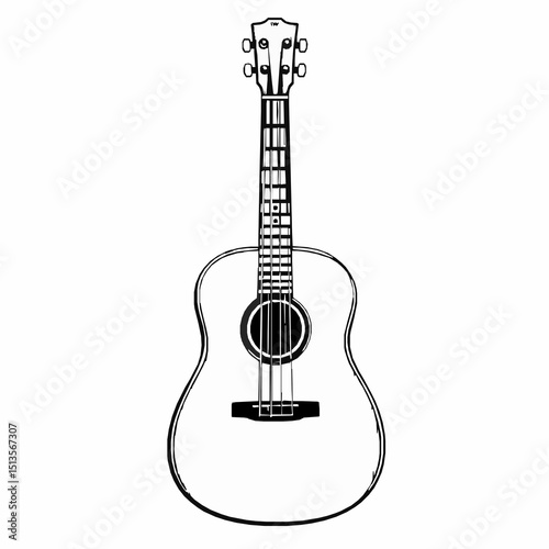 Detailed black and white illustration of an acoustic guitar depicting musical instrument design isolated against a clean white background