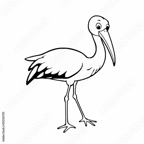 Illustrated cartoon american white ibis bird with a long beak walking gracefully on a clean white background in vector format