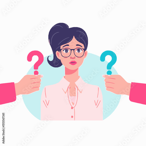 A puzzled woman in glasses with question marks raised on each side illustrating decision making and confusion in a business context