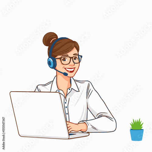 Friendly customer service representative with headset smiling while working on laptop in modern office environment with a small plant.