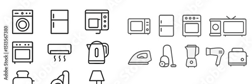Different types of kitchen and home appliances illustrated in a minimalist style on a light background