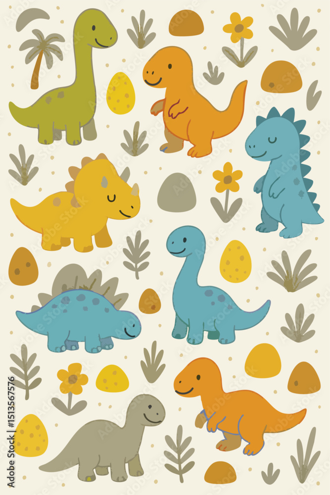 Obraz premium Dinosaur Colourful Cute Reptilian Adorable Happy Print Design in Vector
