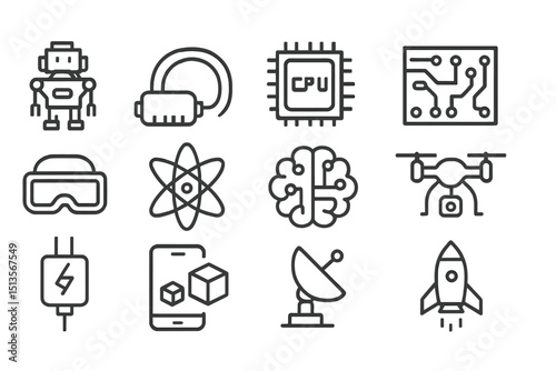 Collection of technology icons depicting robotics, artificial intelligence, and electronic components