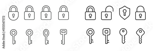 Collection of padlocks and keys illustrating security concepts for various applications in a simple, minimalist style