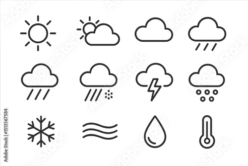 Weather symbols representing various conditions including sun, rain, snow, and thunderstorms