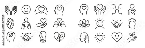 Illustrations of love, connection, and compassion expressed through various symbols and icons in a minimalist style