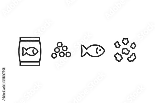 Fish feed, fish species, fish eggs, and fish waste displayed in a simple graphic format illustrating aquatic life essentials
