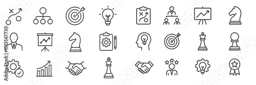 Collection of strategy and management icons depicting planning, teamwork, and leadership in business environments