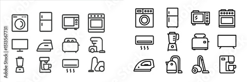 Outline of various kitchen and household appliances including washing machines and refrigerators in a simple design