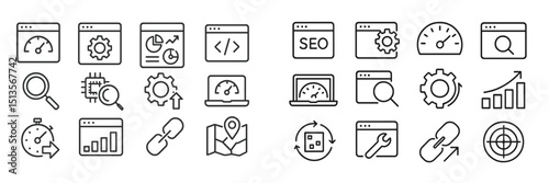 Icons illustrating web analytics, SEO, and performance metrics displayed on a digital workspace