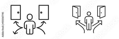 Visual representation of decision making with multiple options and directions indicated by open doors