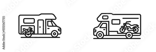 Illustrations of two campervans with motorcycles showcasing outdoor adventure possibilities in a minimalist style