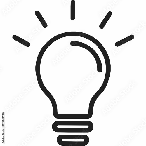 Simple black outline illustration of a lightbulb emitting light representing ideas innovation and creative thinking for education and design
