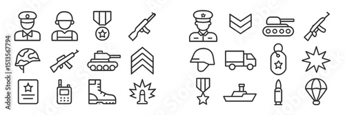 Military symbols and icons representing various aspects of armed forces, including personnel, equipment, and medals