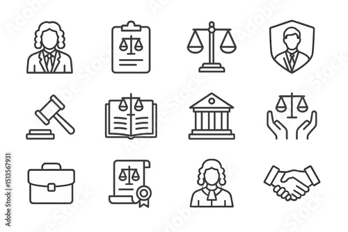 Visual representation of legal concepts featuring justice symbols and law-related professions in a minimalist style