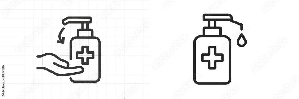 Obraz premium Hand dispensing liquid from a pump bottle in a clean, minimalist design on a neutral background