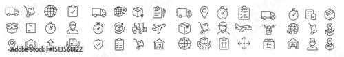Delivery and logistics icons representing various aspects of shipping, tracking, and transportation management in a simple layout