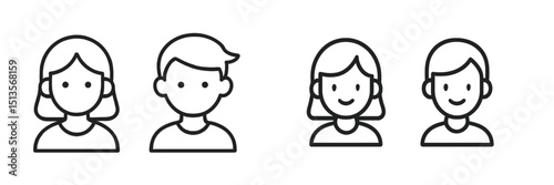 Simple line drawings of four diverse characters showcasing various expressions, portraying emotions of joy and neutrality in a minimalistic style