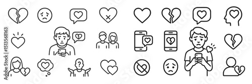 Illustration depicting emotions related to love, heartbreak, and communication through technology