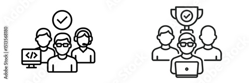 Team collaboration in a digital workspace with success and achievement symbols