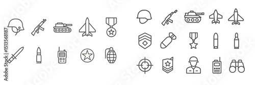 Collection of military icons representing various elements of armed forces and combat equipment