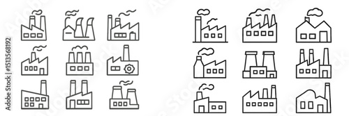 Various industrial factory icons showcase diverse designs and smokestacks representing manufacturing processes in a modern context