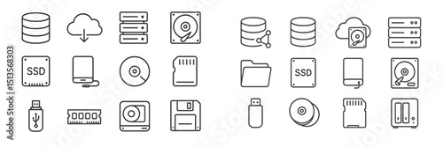 Collection of various data storage icons including SSD, hard drives, and cloud servers showing modern digital technology tools