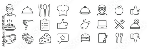 Culinary icons showcasing various food elements and dining activities in a minimalist vector design format
