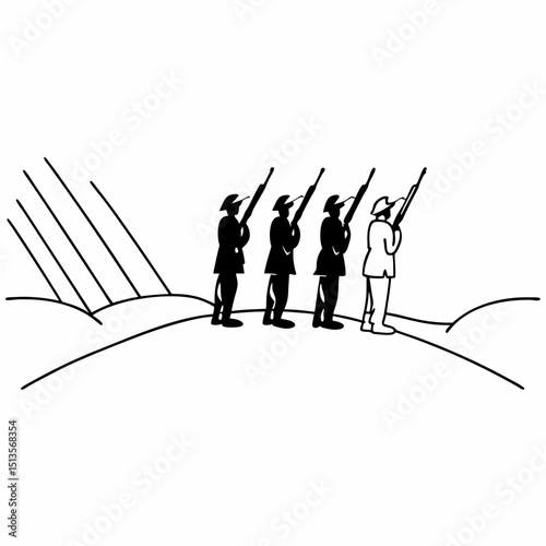 Four soldiers saluting on hilltop, clean cutout