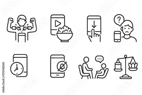Illustrations depicting the impact of smartphone usage on mental health and well-being in daily life activities