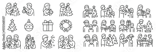 Families celebrating Christmas together by decorating trees and exchanging gifts in a warm, festive atmosphere