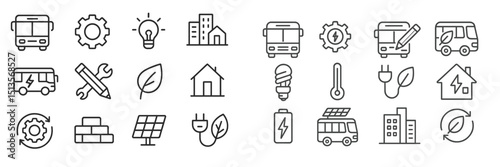 Collection of eco-friendly symbols depicting transportation, energy, and sustainable living elements in clean line art