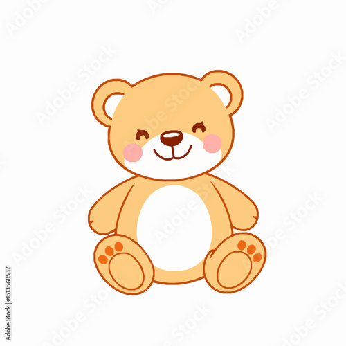 Adorable cartoon illustration of a friendly teddy bear smiling sweetly with blush cheeks and orange color design isolated on a white background.