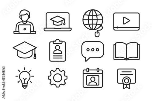Educational icons representing online learning, technology, and academic achievements at a virtual classroom setting