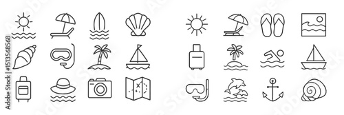 Collection of beach-themed icons showcasing summer activities and marine life in a minimalistic style