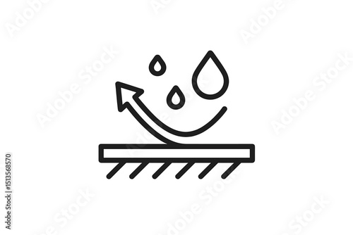 Waterproof technology symbol illustrating water resistance on various surfaces with droplets and arrows indicating motion