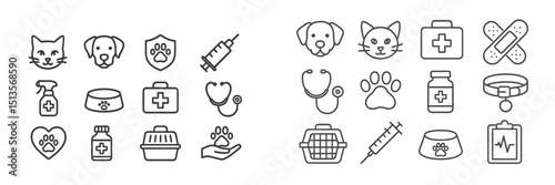 Pet healthcare icons showing tools and symbols related to veterinary services and animal care