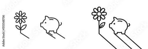Piggy banks standing next to flowers casting playful shadows on a white background