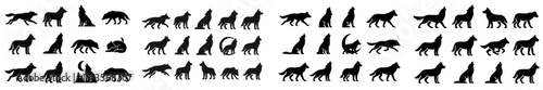 Various wolf silhouettes in dynamic poses showcasing movement and behavior against a plain background