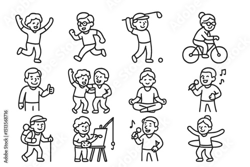 Engaging activities for a healthy lifestyle featuring diverse characters in various forms of exercise and hobbies