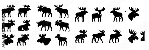 Moose silhouettes in various poses showcasing their distinct features on a white background