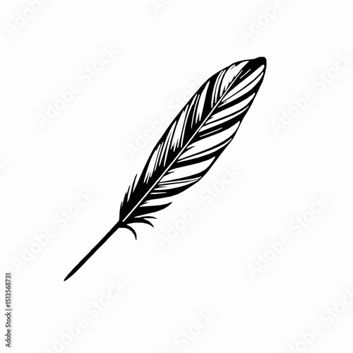 A detailed black and white feather illustration depicting a quill feather design isolated on a clean white background suitable for creative design