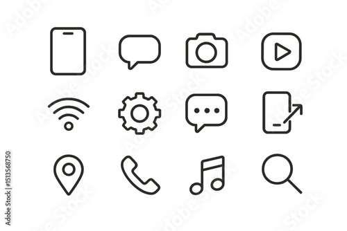 Collection of modern technology and communication icons arranged in a grid format with simple line designs reflecting digital connectivity