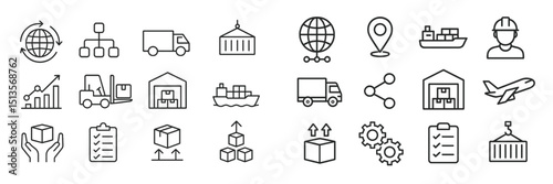 Logistics and supply chain icons depicting global trade, transportation, and warehousing in a minimalistic style