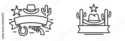 Cowboy themed graphic with hats, guns, and cacti ideal for Western event promotion or decor